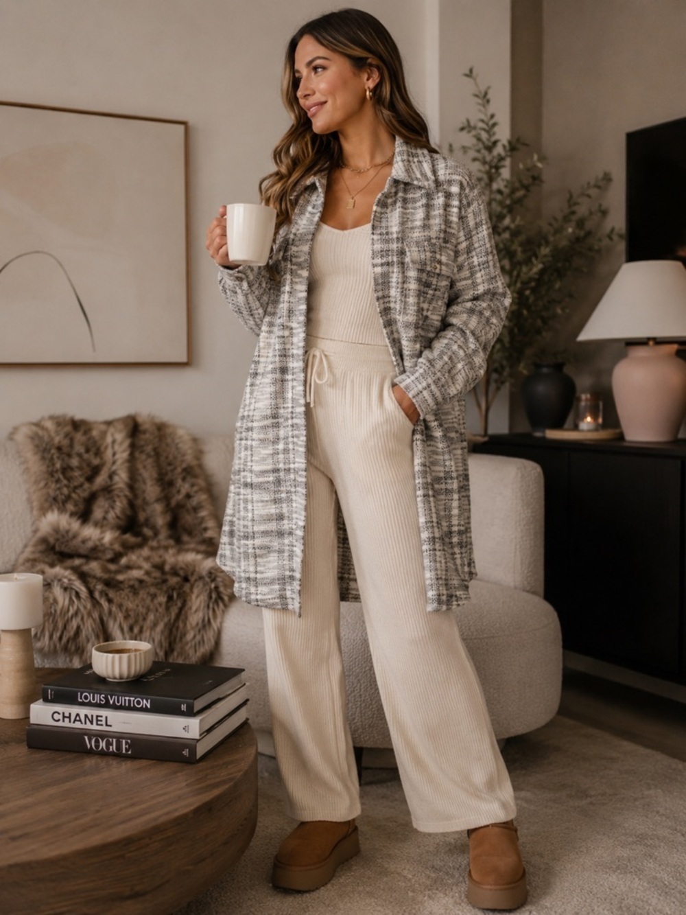 Gray Plaid Longline Shacket Cardigan Cozy Luxe Lounge Layer